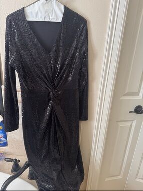 Tahari Black Sequin Twist-Front Long Sleeve Dress